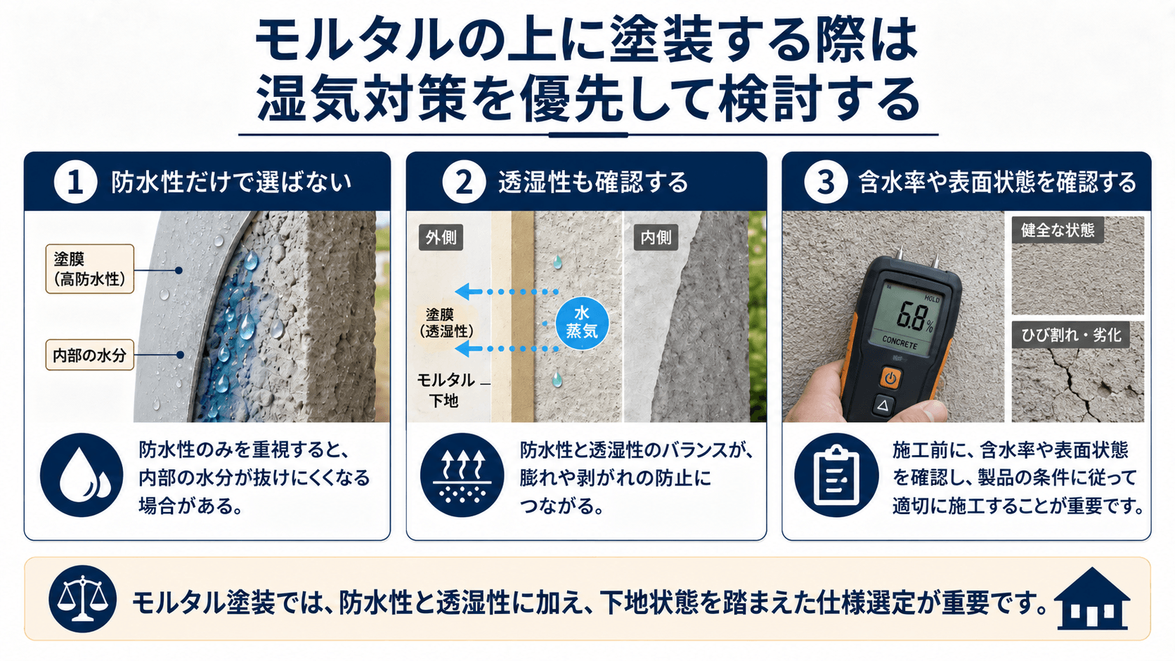 モルタルの上に塗装する際は湿気対策を優先して検討する