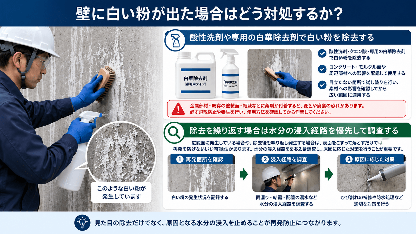 壁に白い粉が出た場合はどう対処するか？
