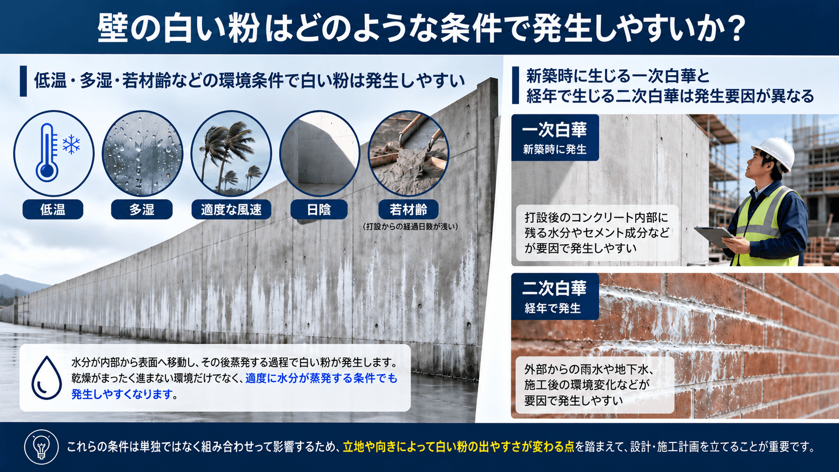壁の白い粉はどのような条件で発生しやすいか？