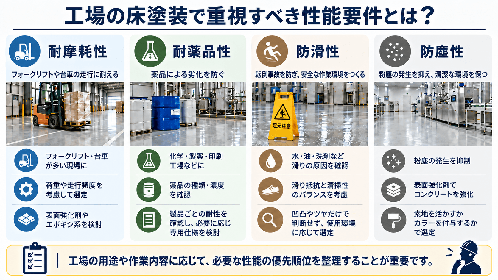 工場の床塗装で重視すべき性能要件とは？