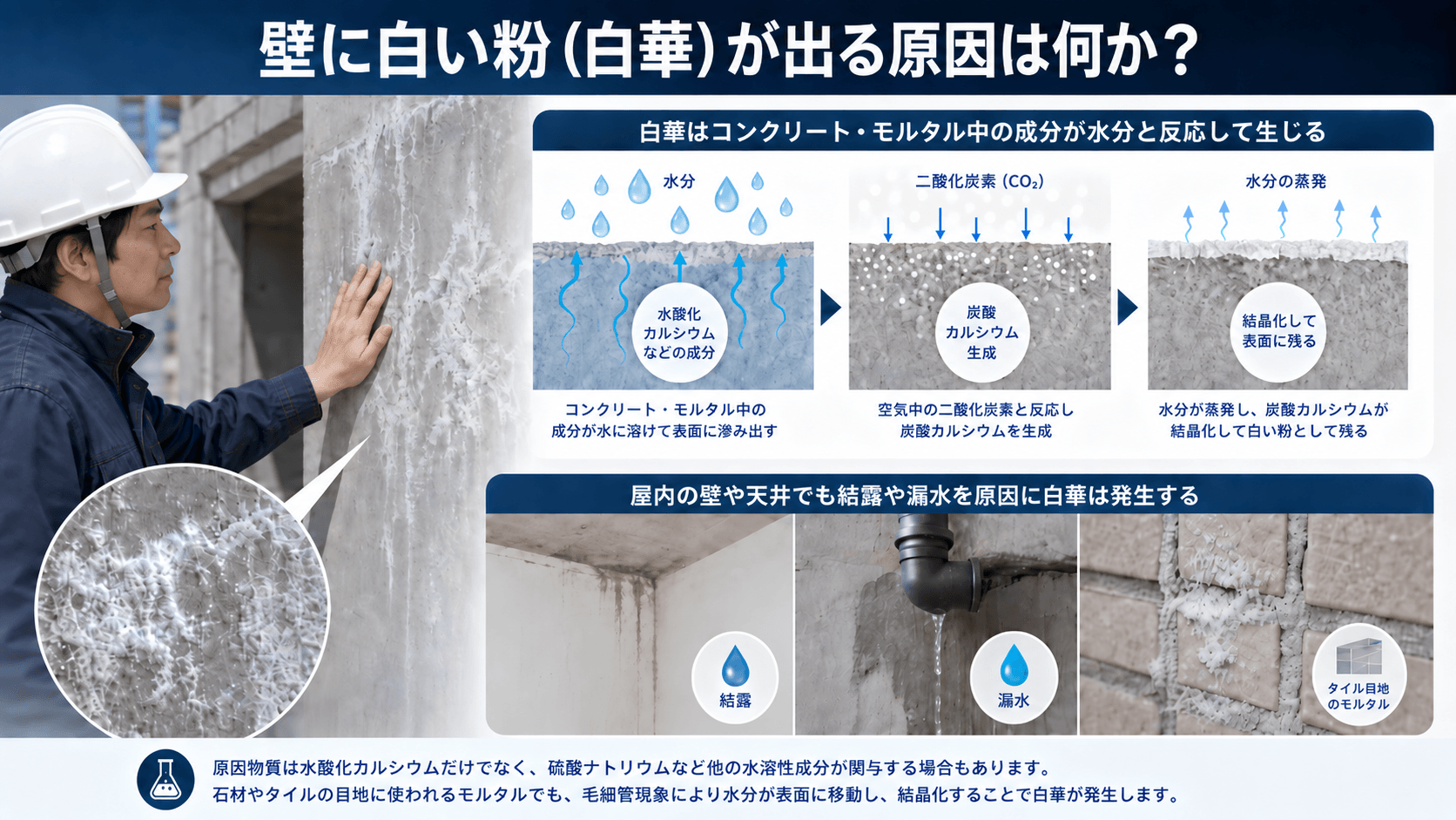 壁に白い粉（白華）が出る原因は何か？