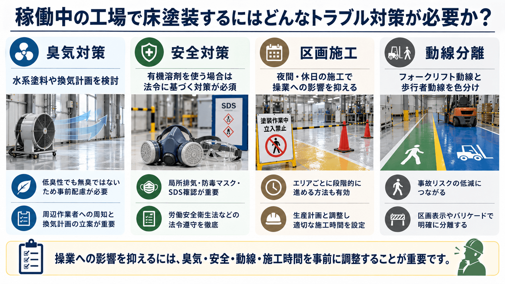 稼働中の工場で床塗装するにはどんなトラブル対策が必要か？