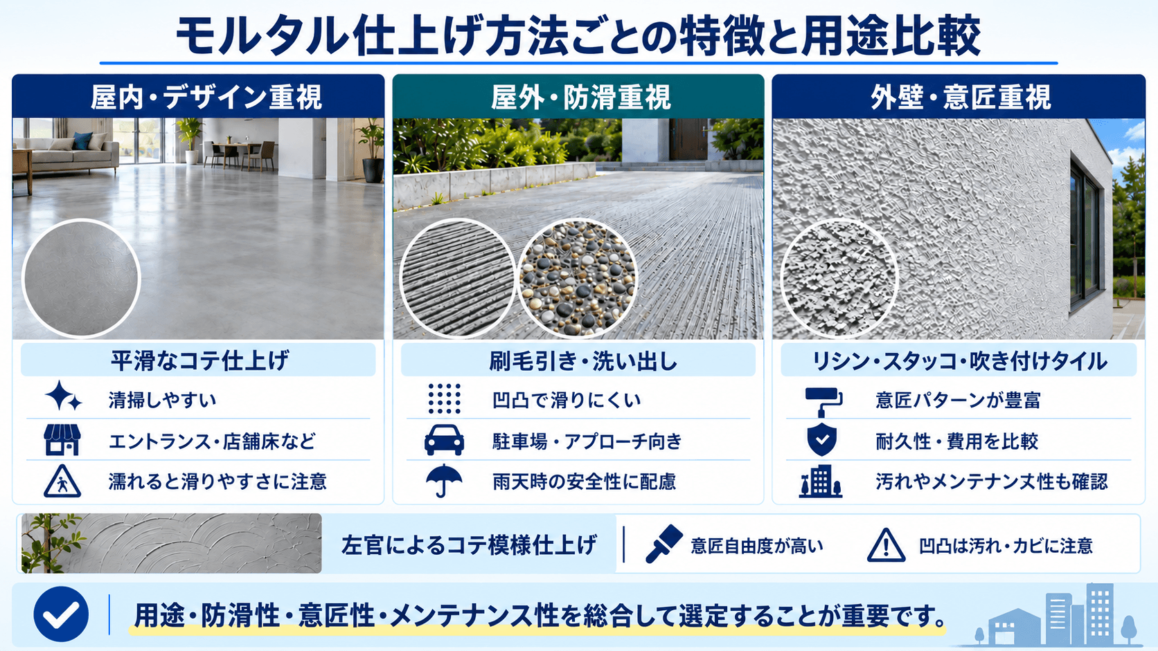 モルタル仕上げ方法ごとの特徴と用途比較